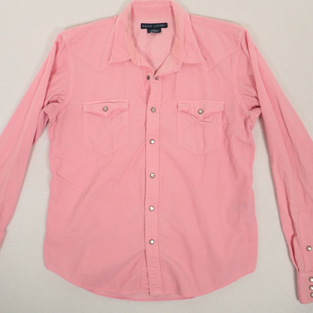 Vtg Ralph Lauren Womens Western Pearl Snap Shirt Corduroy Pink Slim Cotton Sz 10 - Picture 2 of 13